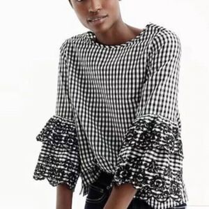 J Crew Ludwig Gingham Embroidered Bell Sleeve Top Blouse Black White Sz 2